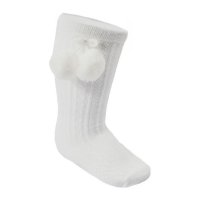 S355-W-06: White Knee Length Socks w/Pom Pom (0-6 Months)